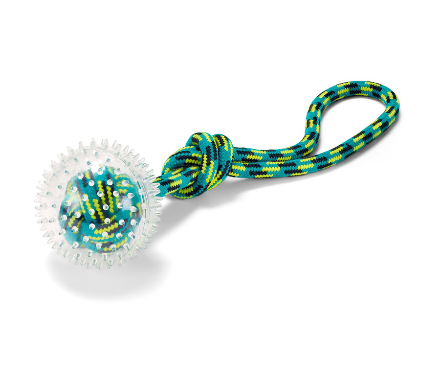 Jouet à lancer pour chien avec une boule transparente et une poignée en corde bleu-vert.