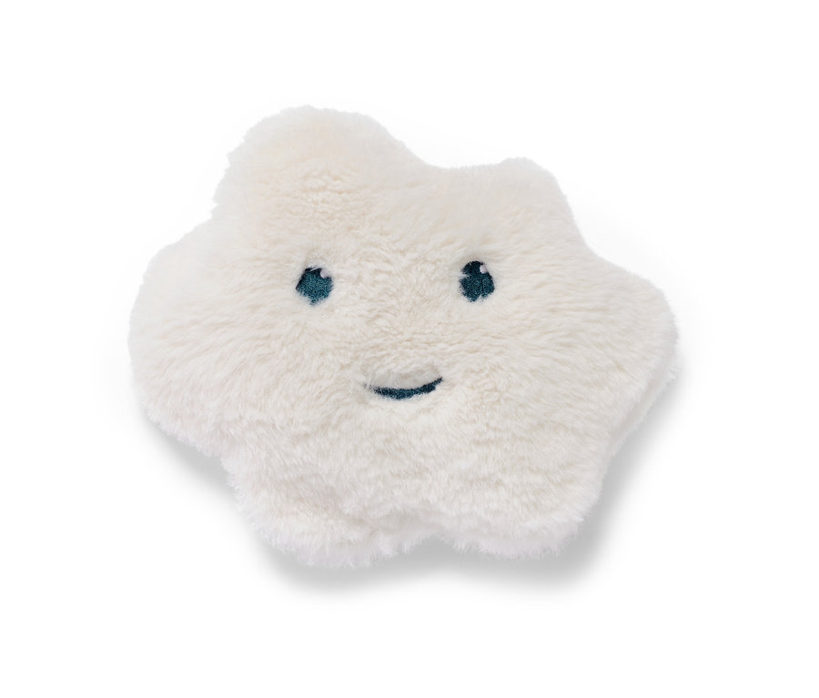 Coussin chauffant aux noyaux de cerise blanc en forme d'étoile avec des yeux brodés et un sourire.