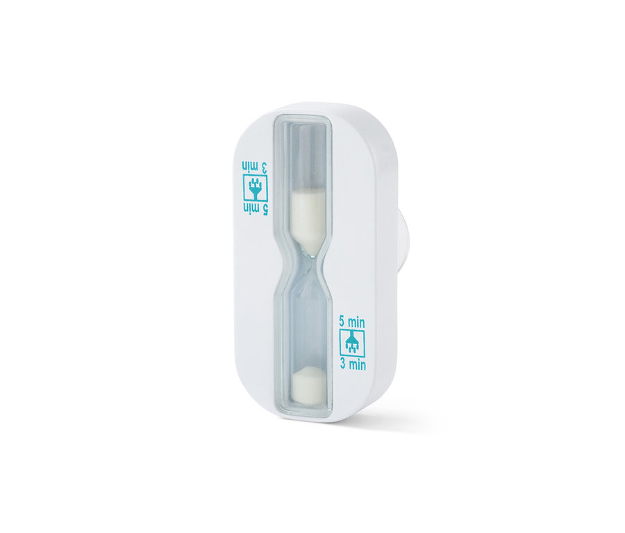 Un sablier de douche blanc avec du sable blanc à l'intérieur.