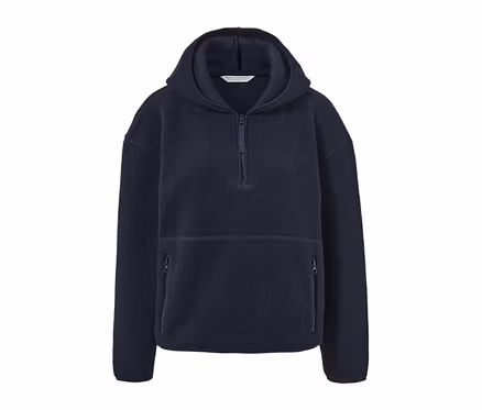 Pull à capuche en peluche teddy marine avec demi-fermeture éclair.