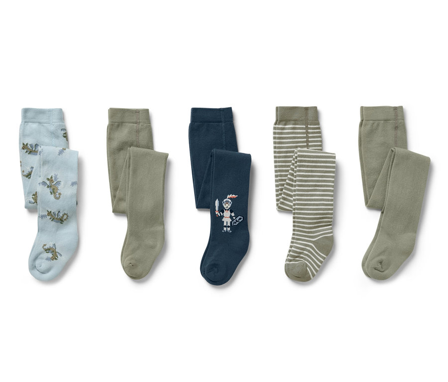 Cinq collants pour enfants avec différents motifs : dragons, uni, chevalier et rayures.