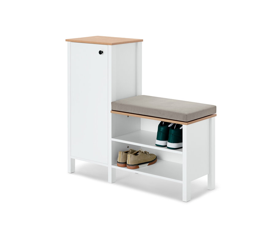 Banquette blanche avec armoire à chaussures et coussin d'assise beige. Deux étagères à chaussures sont visibles dans l'armoire.