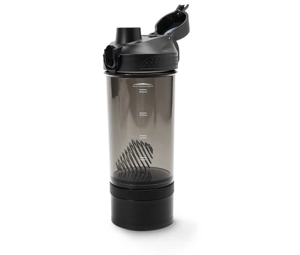 Un shaker à protéines noir avec une spirale métallique à l'intérieur.