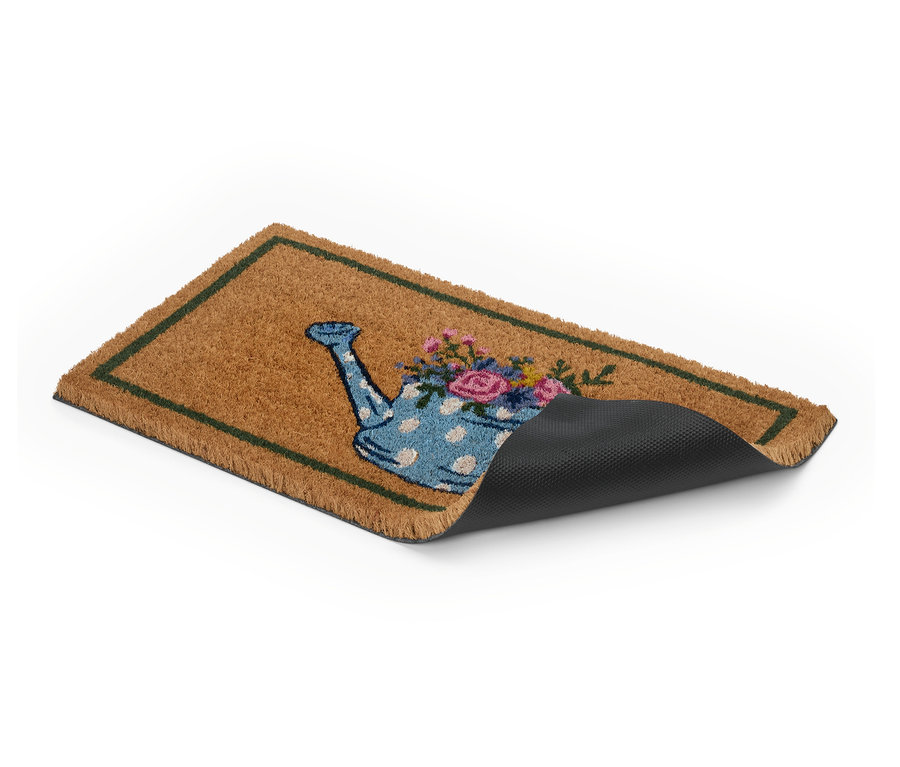 Paillasson avec motif d'arrosoir et de fleurs.