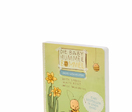 Illustration du livre « Baby Hummel Bommel – erste Geschichten » : en haut, un livre fermé, en bas, un livre ouvert avec une illustration de brossage de dents.
