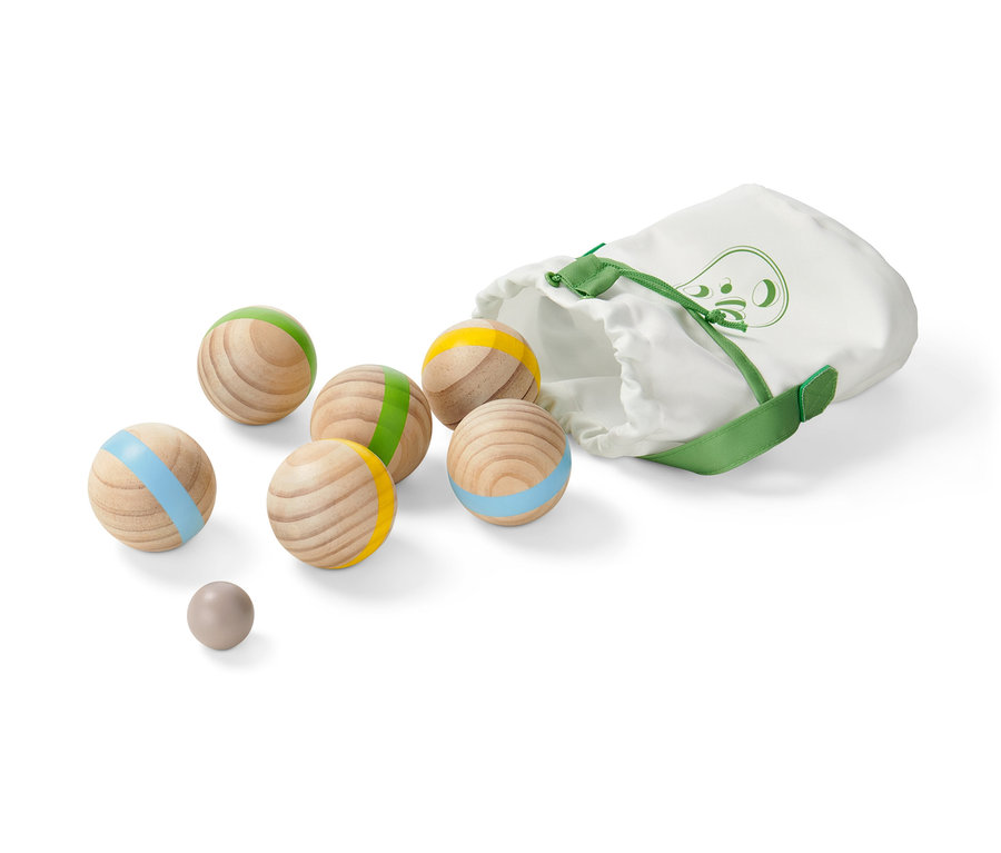 Jeu de boules avec des rayures colorées et un sac.