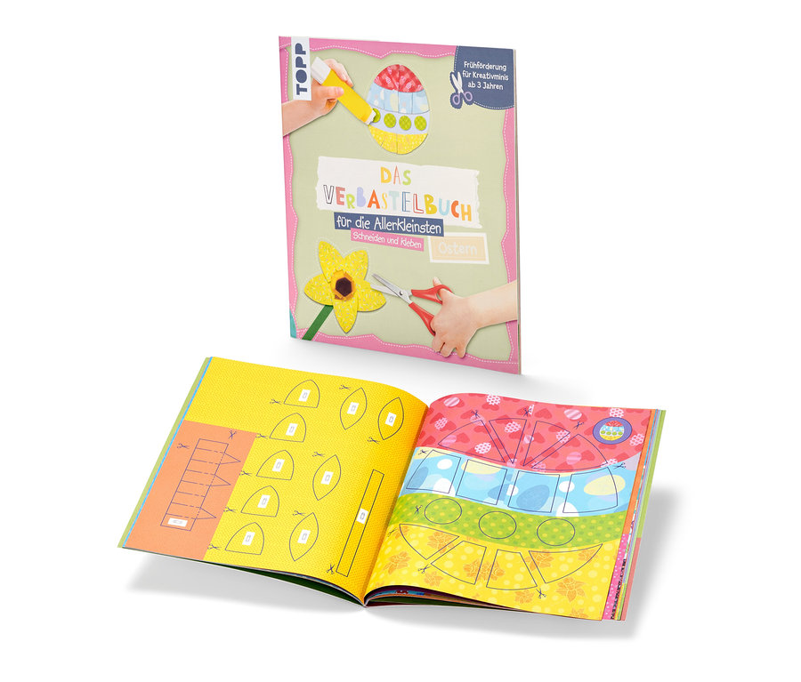 Livre « Das Verbastelbuch für die Allerkleinsten – Ostern » ouvert, montrant des images colorées et des découpes.
