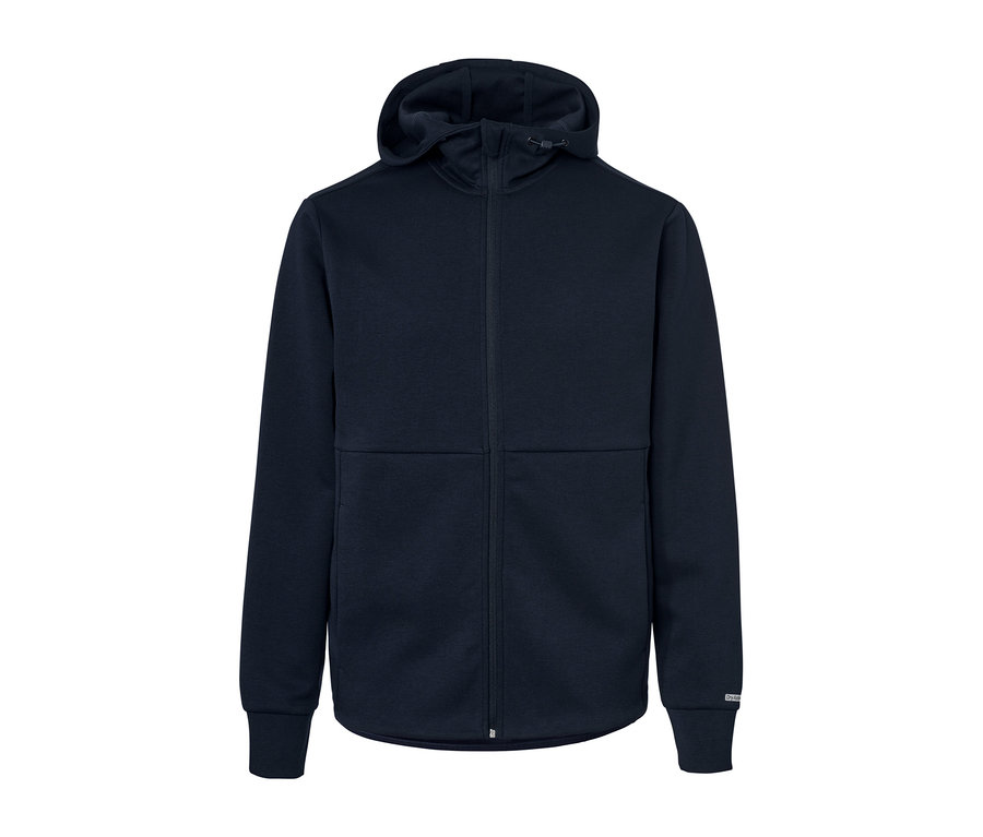 Un veste technique en sweat bleu marine avec capuche et fermeture éclair.