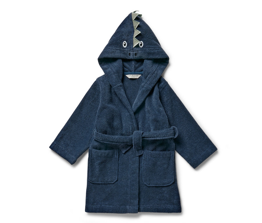 Peignoir bleu pour enfant avec un motif de dragon sur la capuche.