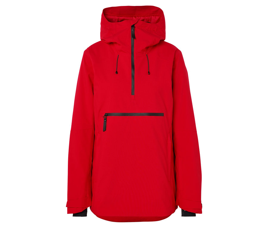 Veste anorak rouge à capuche avec fermetures éclair noires.