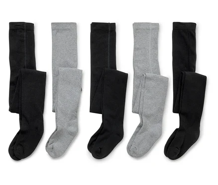 Cinq paires de collants pour enfants sont disposées sur un fond blanc, en alternant le noir et le gris.