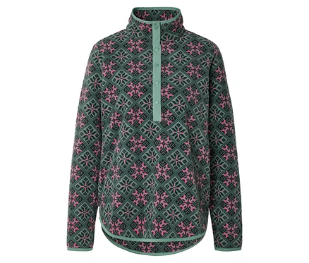 Pull en polaire à motifs vert et rose avec patte de boutonnage au col.