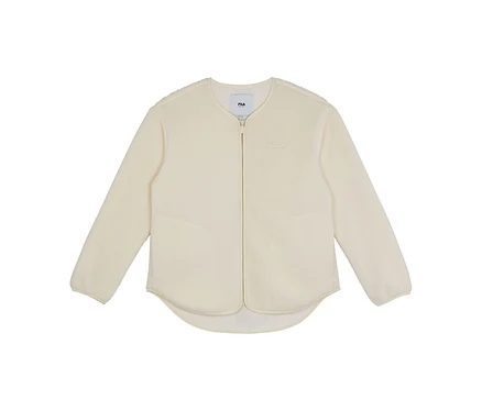Veste en polaire teddy FILA pour femme, de couleur crème, avec fermeture éclair et col rond.