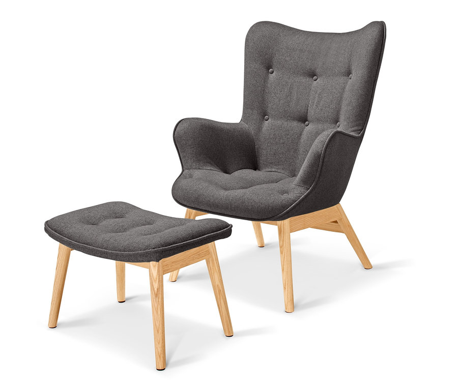 Fauteuil individuel gris foncé avec repose-pieds sur fond clair.