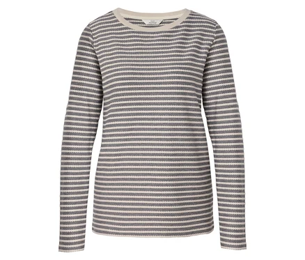 T-shirt d'extérieur à manches longues rayé gris et beige avec un col rond.