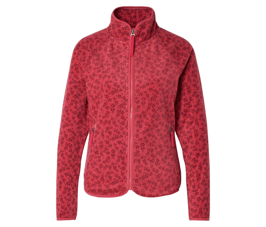 Veste polaire rouge avec fermeture éclair intégrale et motif floral foncé.