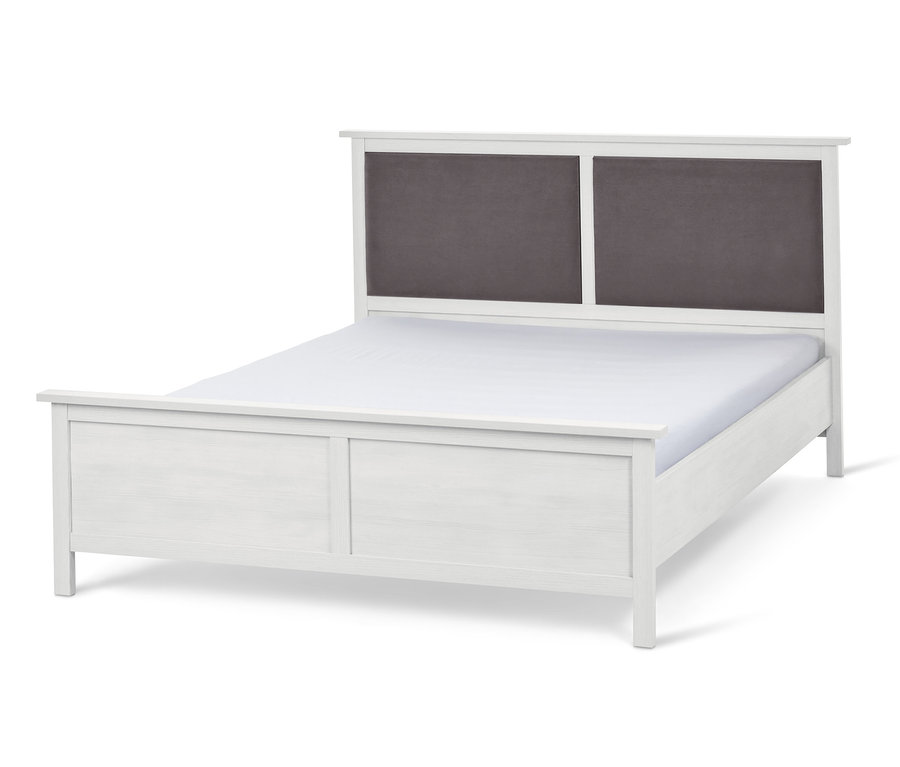 Lit blanc avec tête de lit rembourrée avec deux rectangles gris, environ 180 x 200 cm.