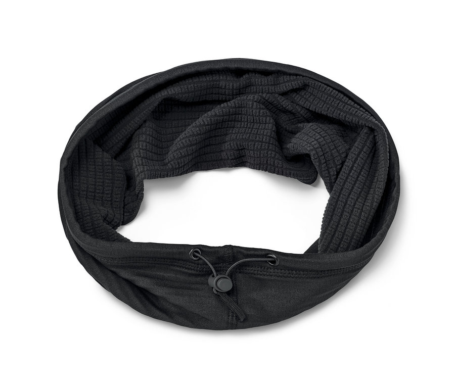 Un foulard thermique multifonction noir sur fond blanc.