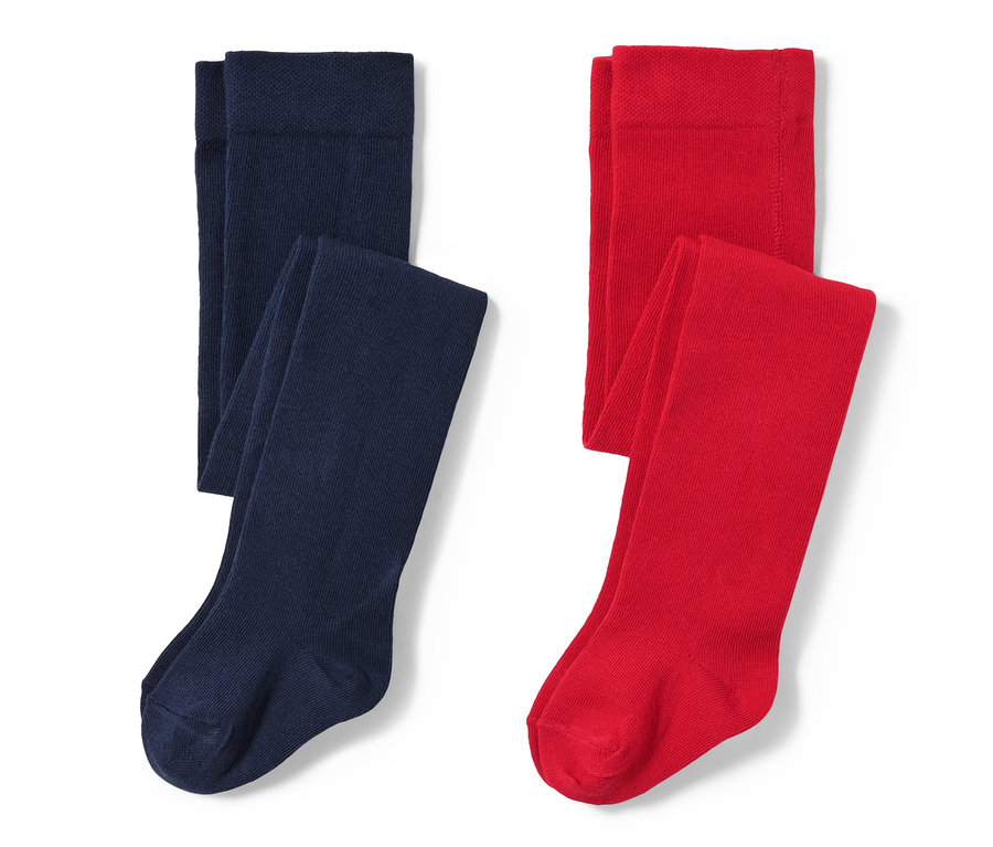 Deux collants pour enfant : un bleu foncé et un rouge.