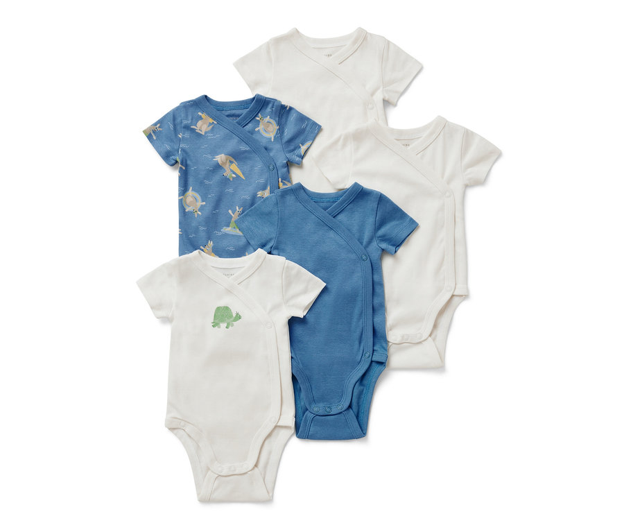 Cinq bodies à manches courtes pour bébé en blanc, bleu et avec des imprimés de tortues et de kangourous.