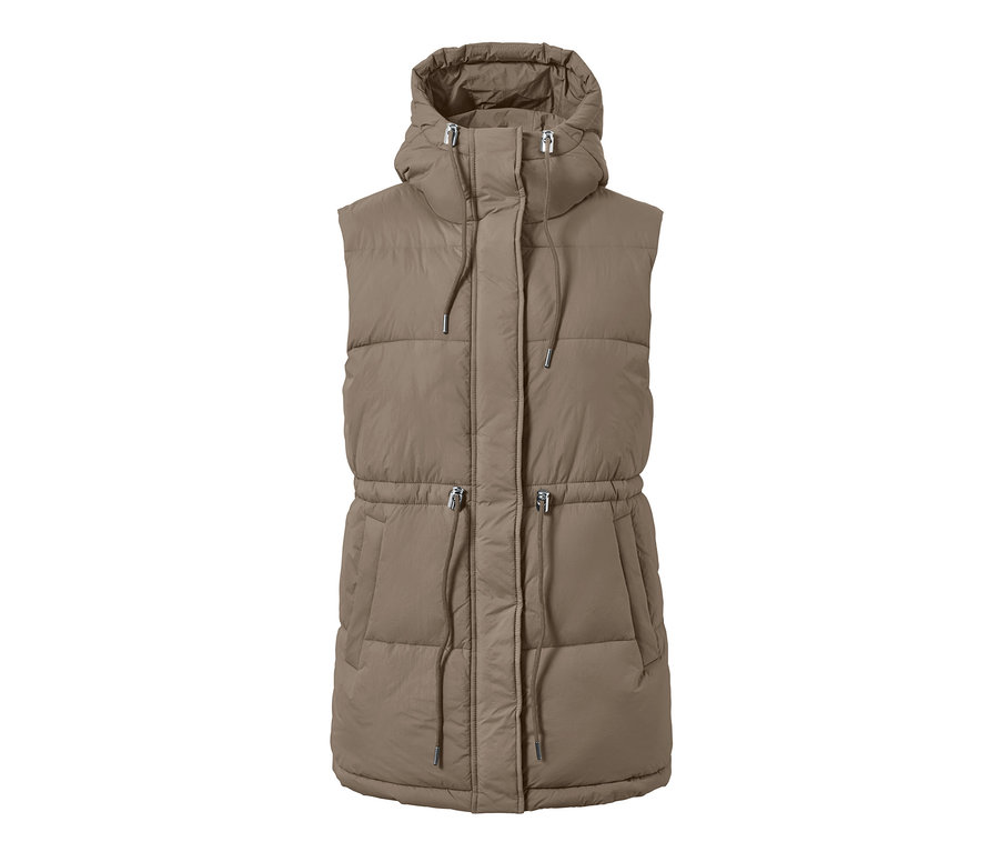 Un gilet sans manches matelassé à capuche marron.