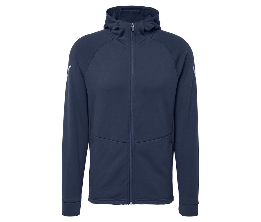 Veste thermique bleu foncé avec capuche et fermeture éclair intégrale.