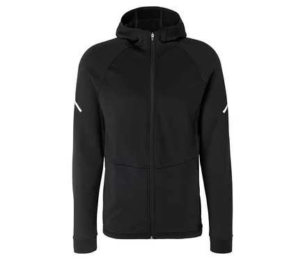 Veste thermique noire à capuche avec fermeture éclair et rayures diagonales blanches sur les bras.