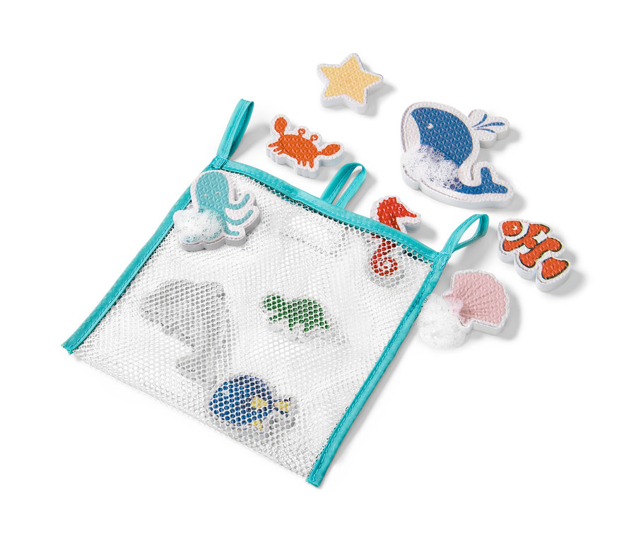 Un filet à jouets bordé de bleu avec un ensemble de 10 jouets de bain animaux marins.