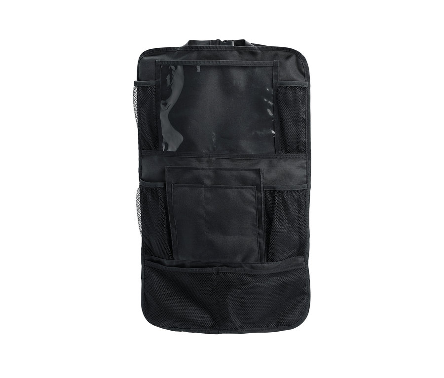 Organiseur de dossier noir avec des poches de différentes tailles.