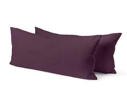 Deux oreillers violets reposent sur un fond blanc.