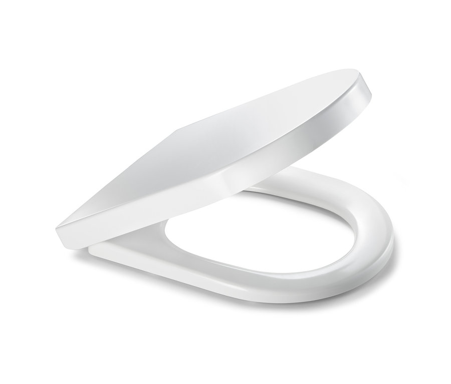 Un siège de WC premium blanc avec abattant silencieux, présenté légèrement ouvert.