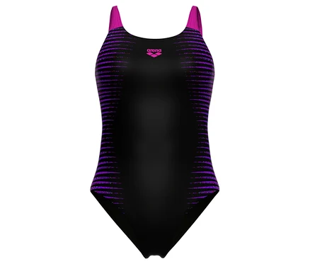 Maillot de bain femme arena Feel noir avec bretelles rose fuchsia et empiècements latéraux à rayures violettes, avec le logo arena sur la poitrine.