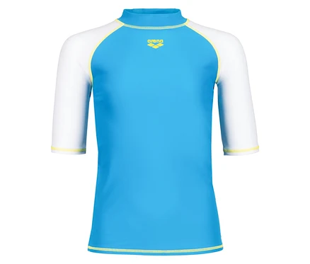 T-shirt Arena bleu avec manches blanches et détails jaunes.