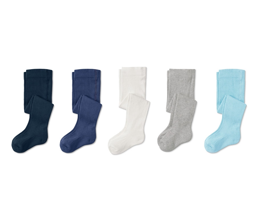 Cinq paires de collants en coton bio bleu marine, bleu, blanc, gris et bleu clair.
