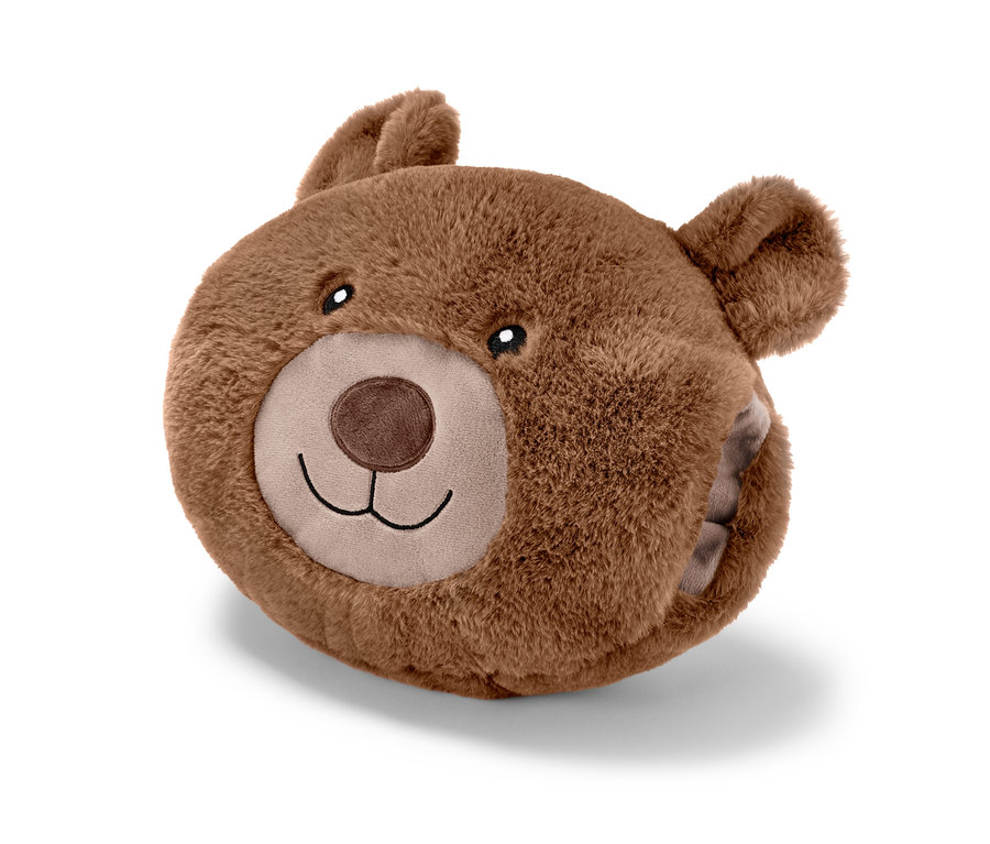 Coussin en peluche « ours » marron avec visage d'ours brodé.