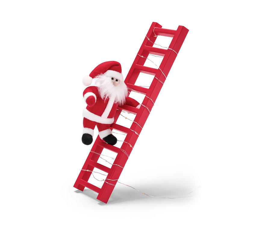 Poupée de Père Noël grimpant sur une échelle rouge avec une guirlande lumineuse à LED, set de décoration de Noël.