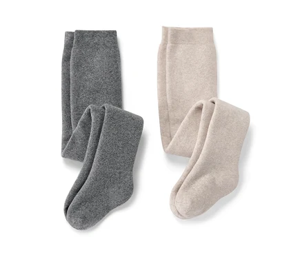 Deux collants thermiques chinés pour bébé et deux collants thermiques chinés pour enfant.