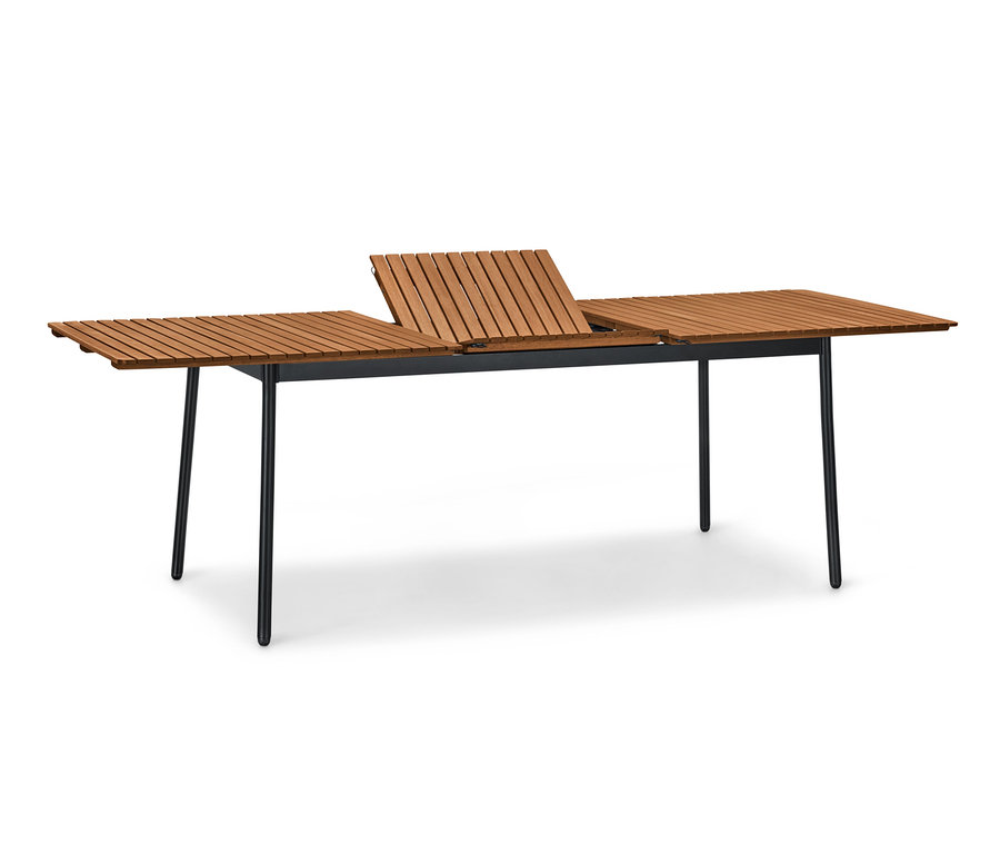 Table à rallonge « Elin » avec pieds en aluminium et plateau en bois, partiellement dépliée.