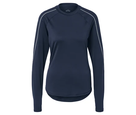 T-shirt à manches longues bleu marine avec des détails blancs sur les manches.