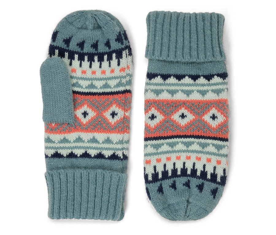 Deux moufles tricotées dans des tons de bleu et d'orange avec des motifs géométriques.