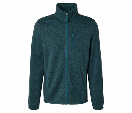 Veste en polaire tricotée verte avec col montant, fermeture éclair intégrale et poche poitrine zippée.