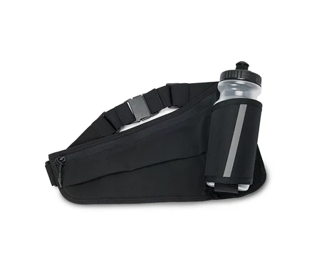 Sac banane noir avec fermeture éclair et sangle réglable, comprenant une bouteille d'eau transparente dans une poche latérale.