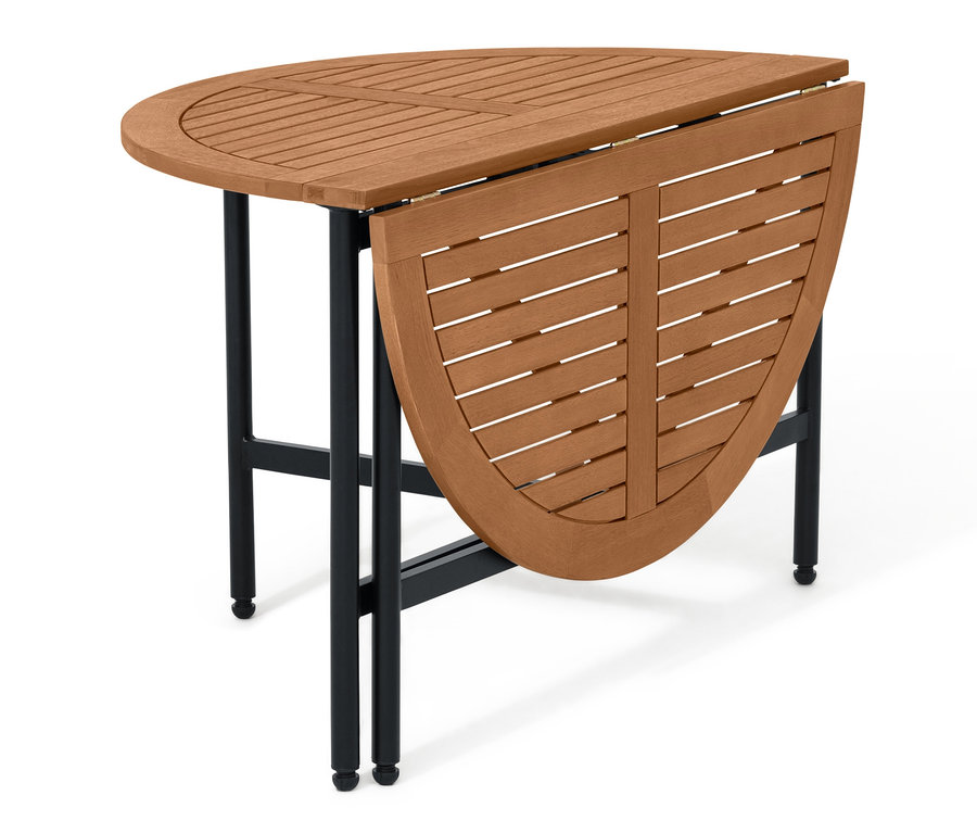 Une table dépliable « Elin » partiellement dépliée avec un plateau en bois et des pieds noirs.