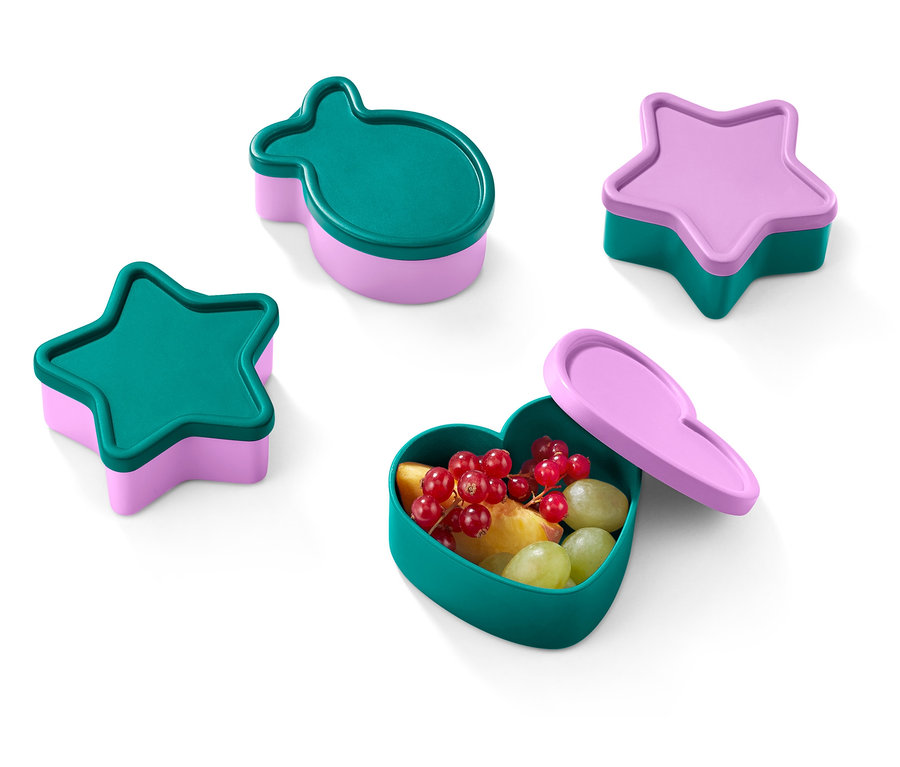 Quatre boîtes à goûter colorées en forme d'étoile, de poisson et de cœur.