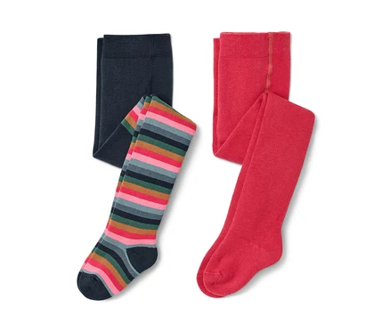 Deux collants thermiques pour tout-petit : un bleu marine et un rayé.