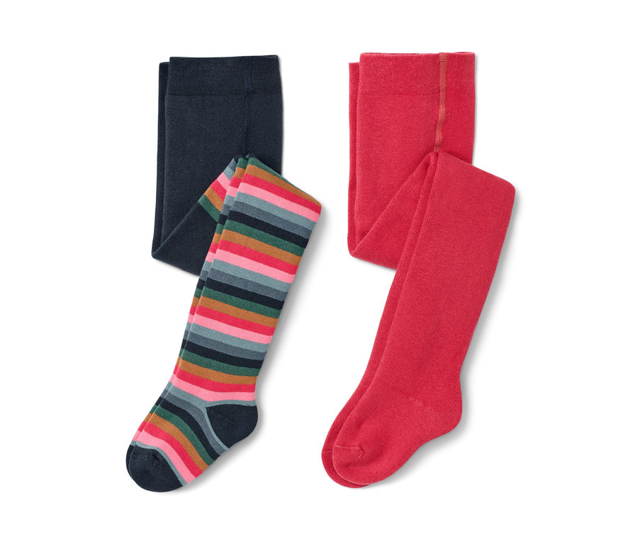 Deux collants thermiques pour tout-petit : un bleu marine et un rayé.