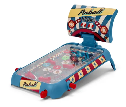 Flipper bleu avec des commandes rouges.