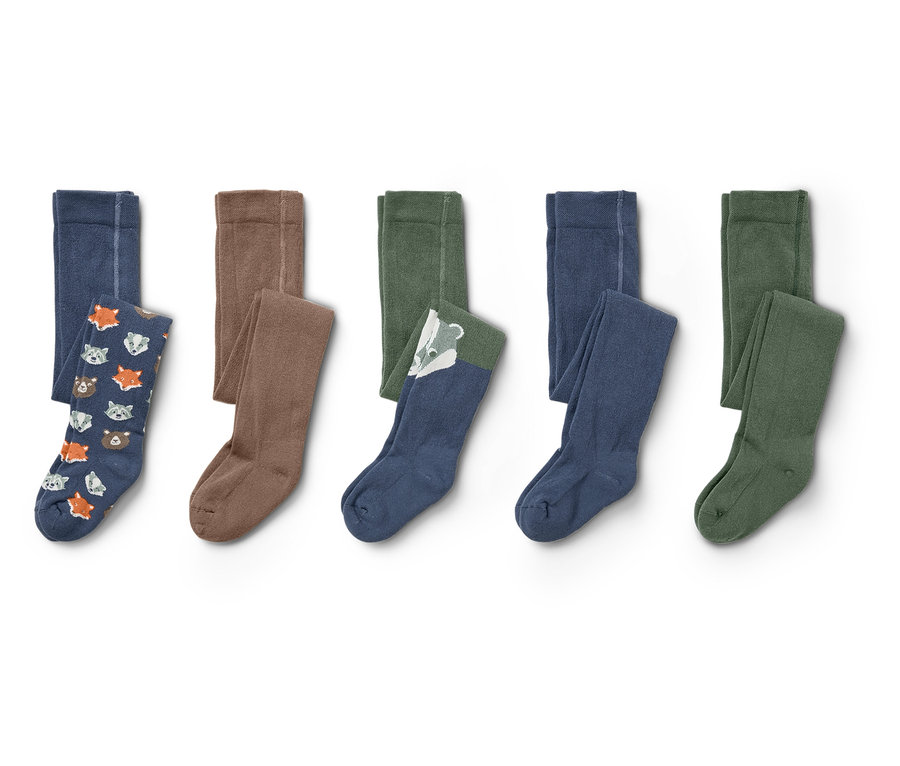 Cinq paires de collants pour enfants de différentes couleurs et motifs.