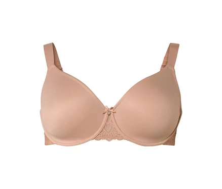 Soutien-gorge beige avec dentelle et nœud.