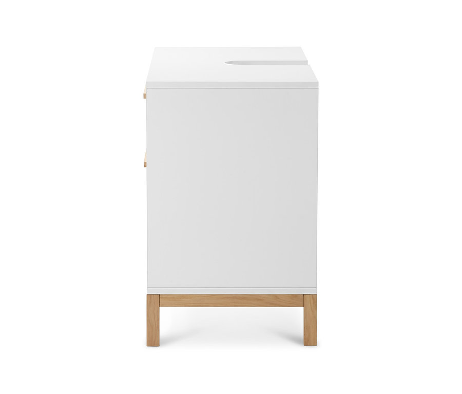 Détail du meuble sous vasque « Eklund » blanc à 2 tiroirs.